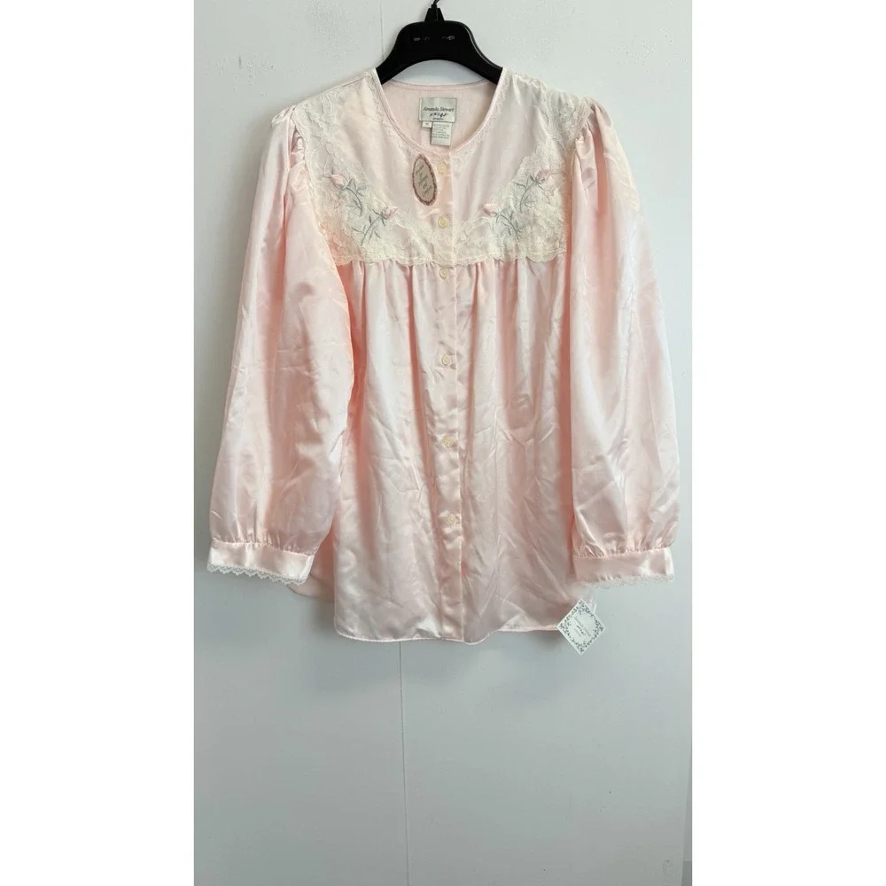 NEW Amanda Stewart Womens M Brushed Satin Pajama Set Floral Embroidery Lace Pink